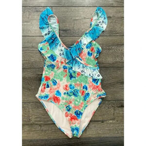 Aerie Bathing Suit Swim One Piece Blue Green Pink Ruffle Shoulder Medium M